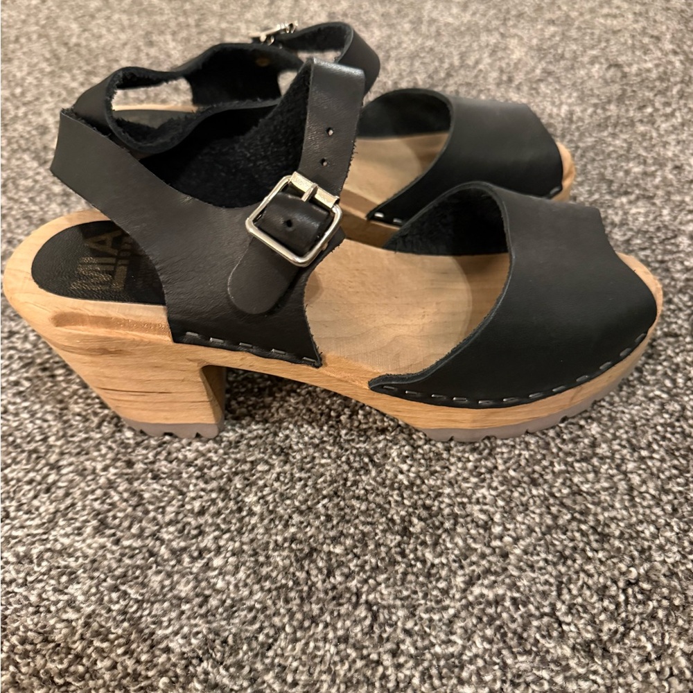 MIA Black Leather Clogs with Wooden Heel